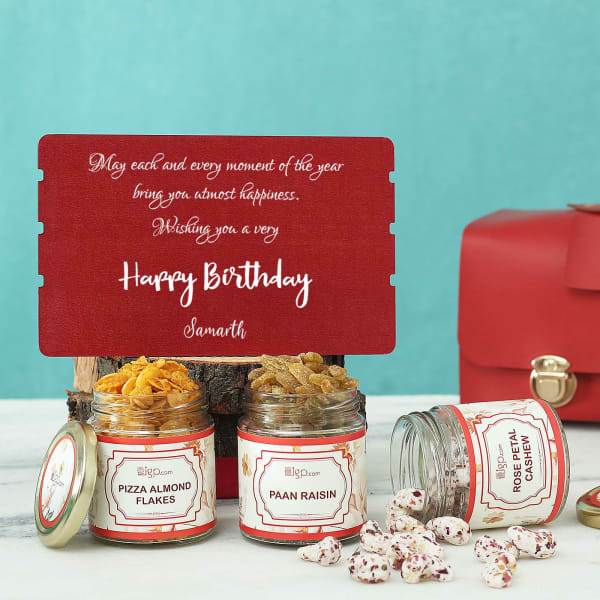 personalized birthday hamper with flavoured dry fruits in pvc bag
