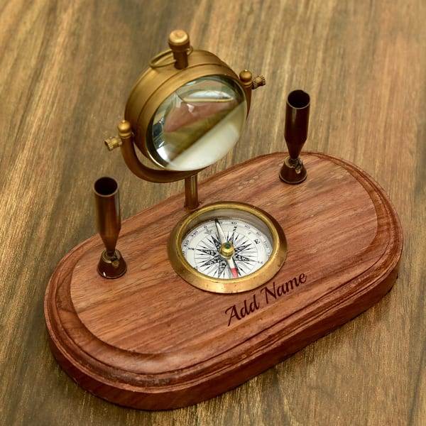 personalized victorian globe design brass clock with pen stand and nautical