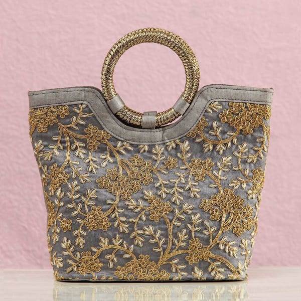 silk handbag with jari work embroidery