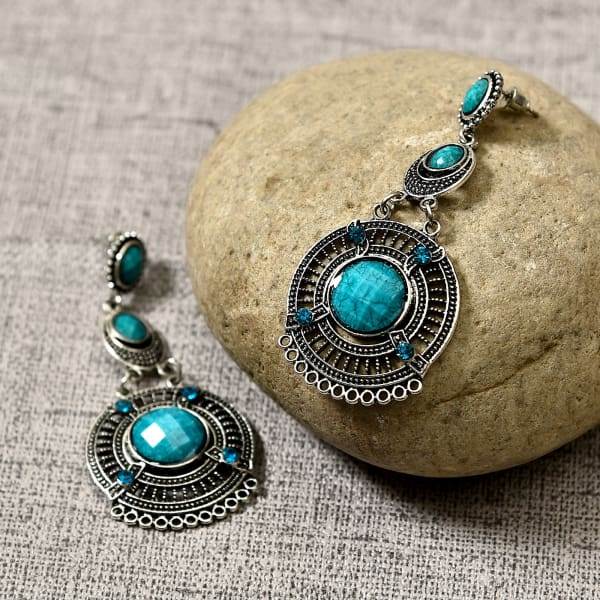 silver oxidised sky blue stone earrings for women